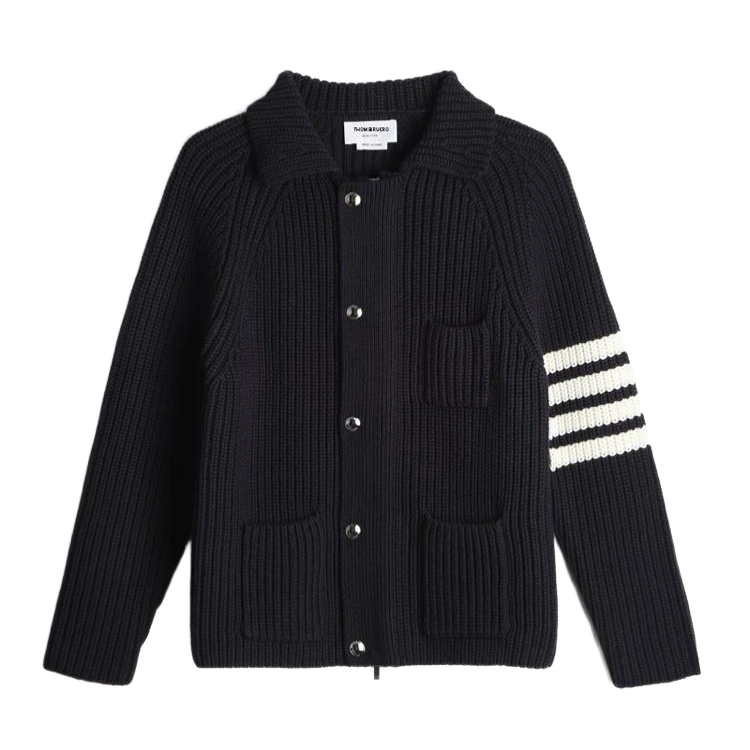 Chunky knit cardigan by Thom Browne, outerwear detail view