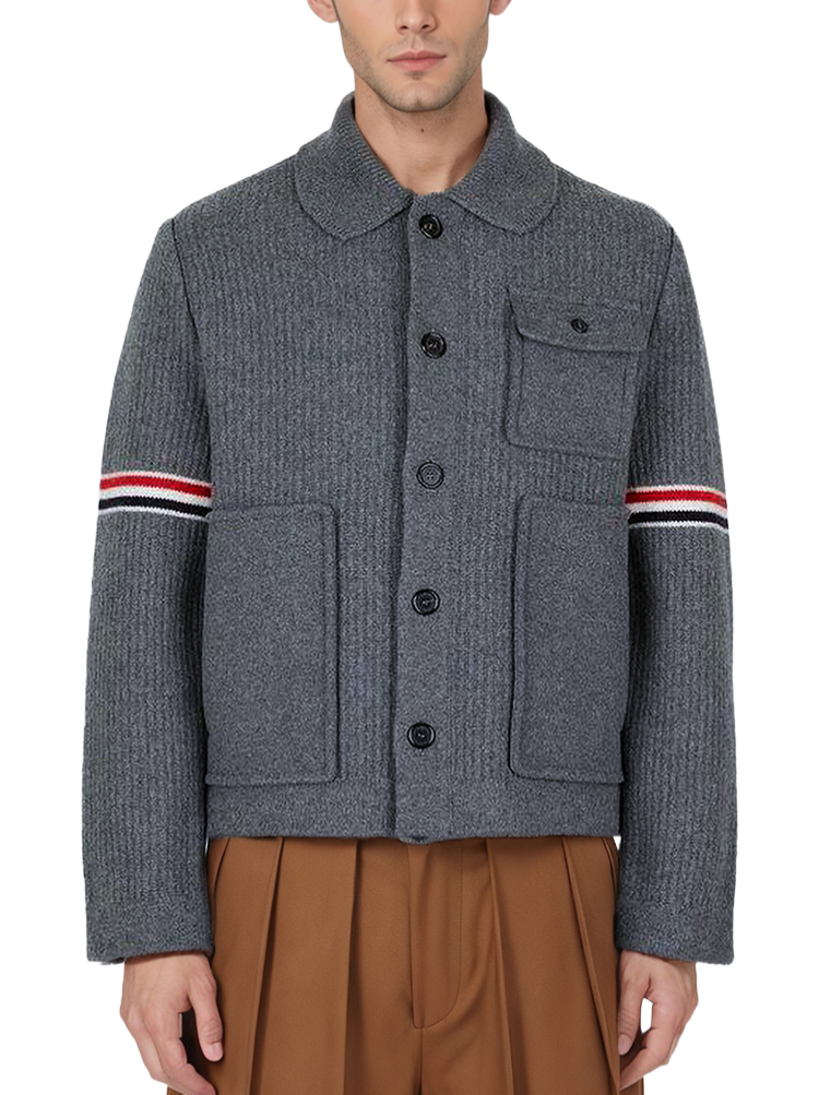Men's coat by Thom Browne, outerwear detail view