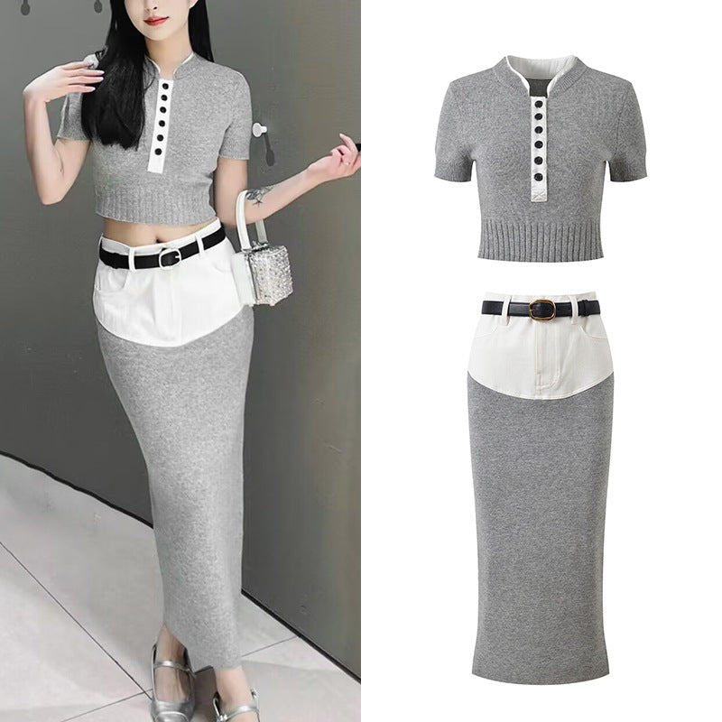 Short-sleeved knitted top + hip skirt THOM TREND