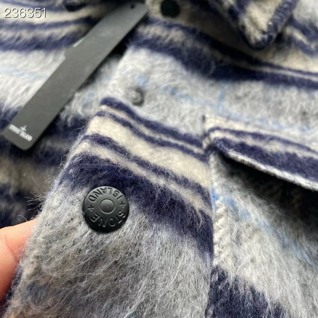 Stone Island Plaid Wool-Blend Compass Badge Lapel Coat - Blue product detail view