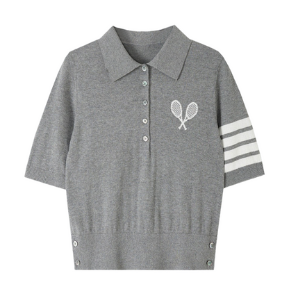 Women's Polo Knit Top – Tennis Racket Print THOM TREND