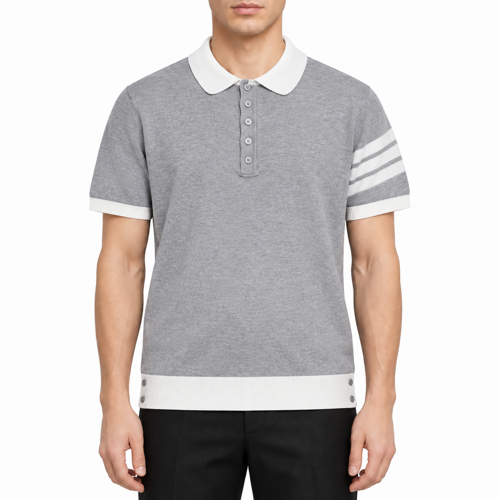 Four-Bar Stripe Knit Tee by Thom Browne, modeled on a pure white background