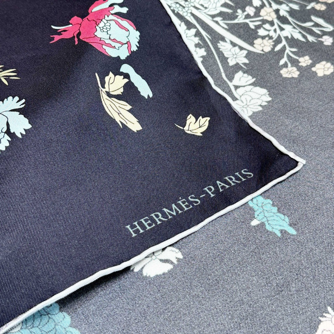 Hermes Style Lightness in Bloom Silk Scarf - Navy - Detail Image 6