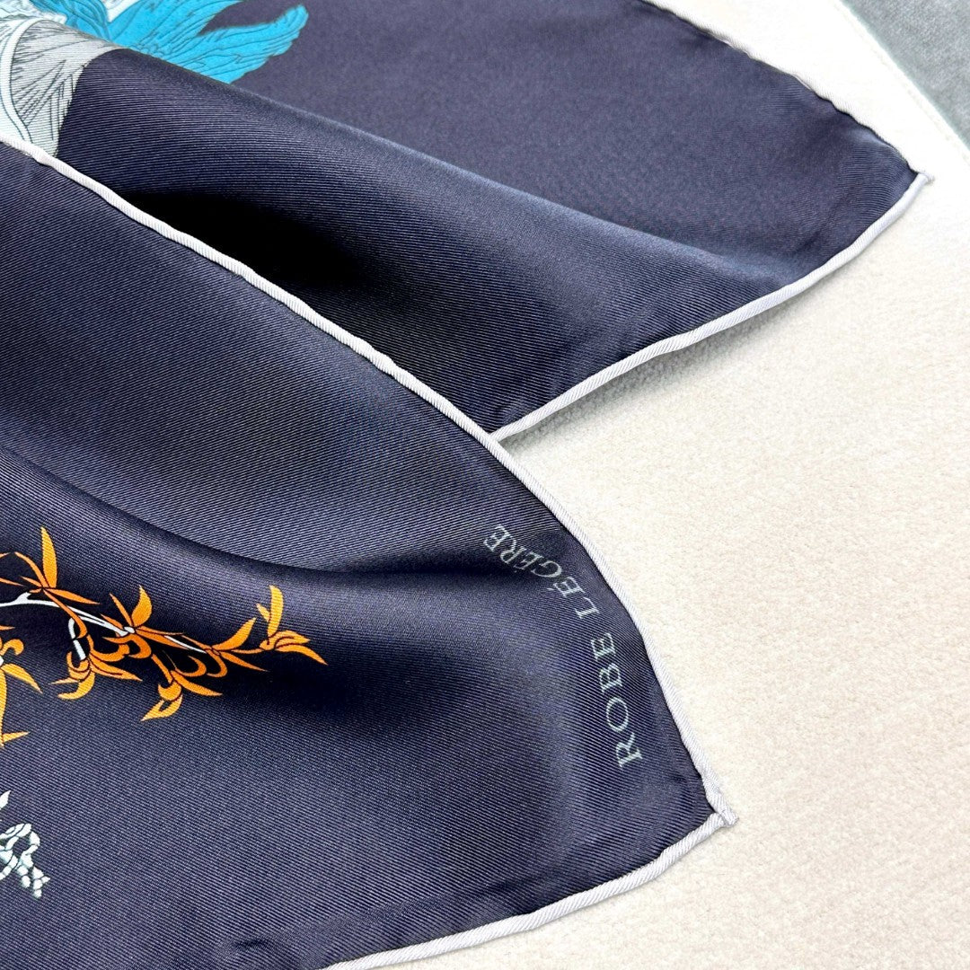 Hermes Style Lightness in Bloom Silk Scarf - Navy - Detail Image 7
