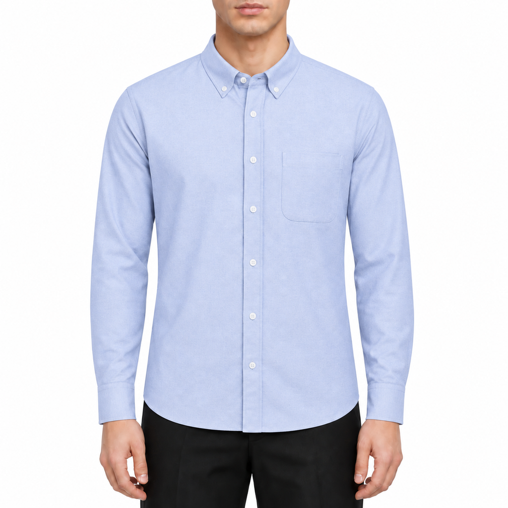 Oxford Solid shirt by Thom Browne, modeled on a pure white background