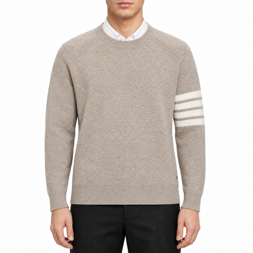 4 - Bar Cotton V - Neck Cardigan - Premium Khaki Knit Sweater by Thom Browne, modeled on a pure white background