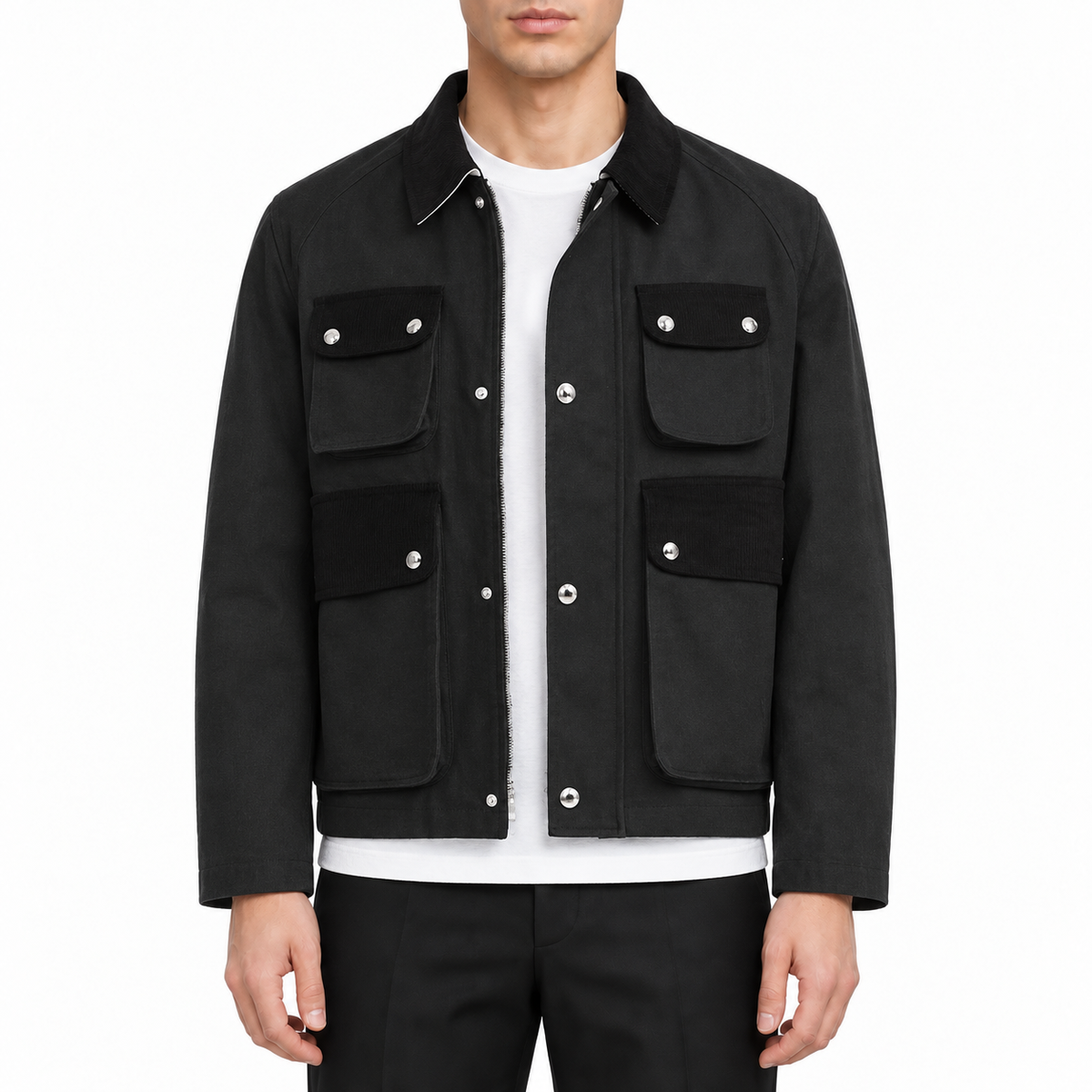 4 - Bar Utility Pocket Jacket with Signature Grosgrain Detail by Thom Browne, modeled on a pure white background
