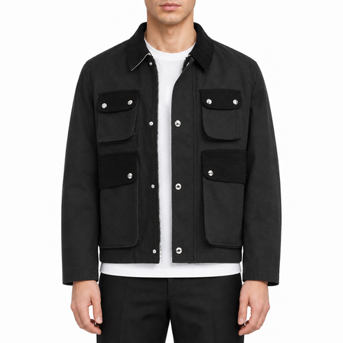 4 - Bar Utility Pocket Jacket with Signature Grosgrain Detail by Thom Browne, modeled on a pure white background