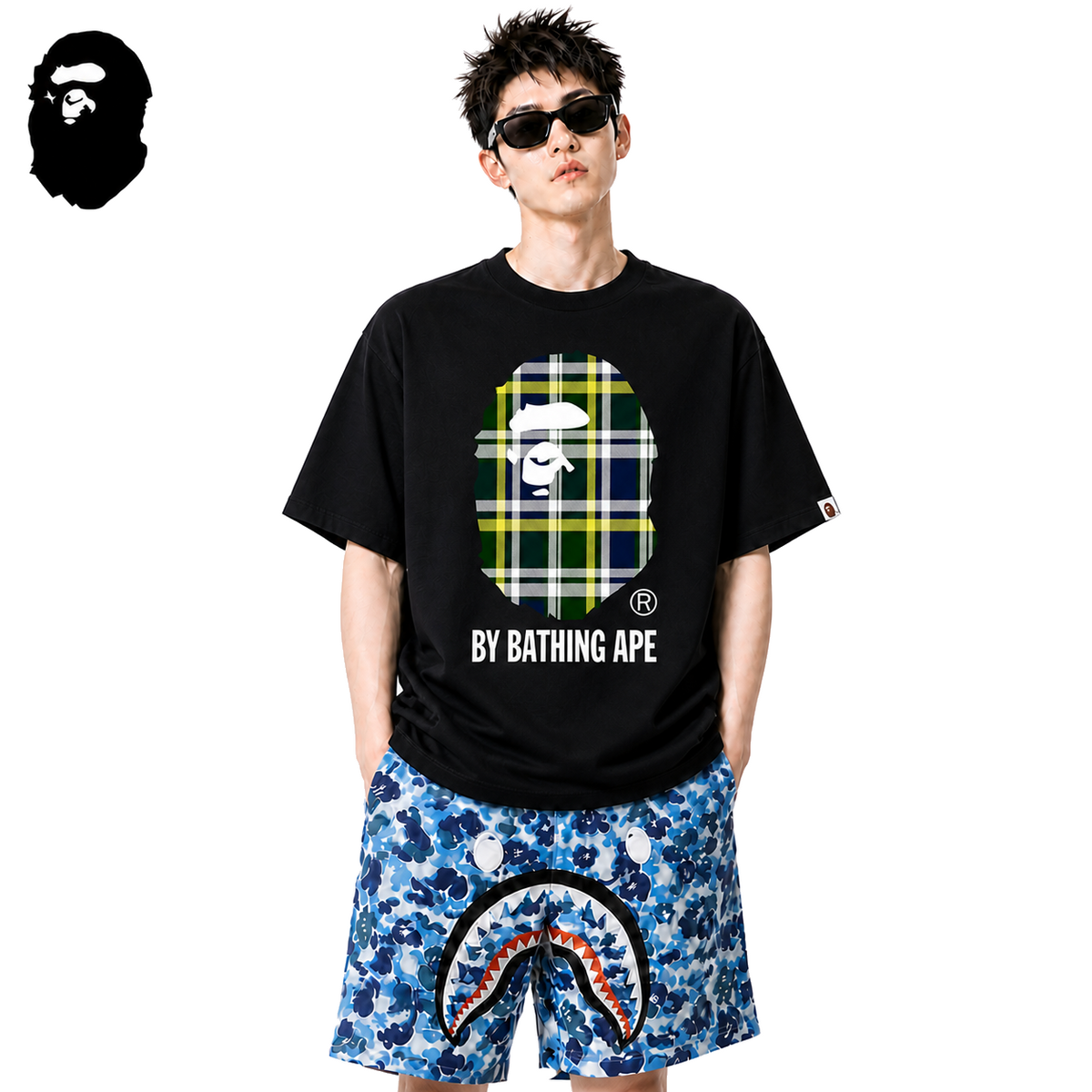 BAPE Green Check Ape Head Men's Graphic T-Shirt - Black - Black streetwear model on pure white background