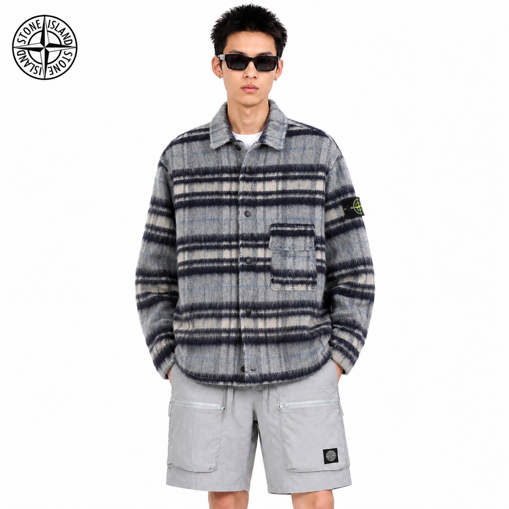 Stone Island Plaid Wool-Blend Compass Badge Lapel Coat on male model - front view