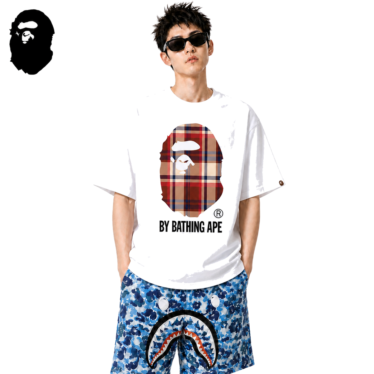 BAPE Red Check Ape Head Men's Graphic T-Shirt - White - White streetwear model on pure white background