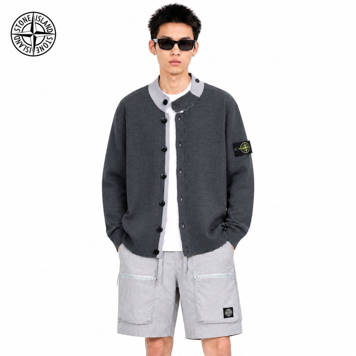 Stone Island Contrast-Collar Button Knit Cardigan on male model - front view