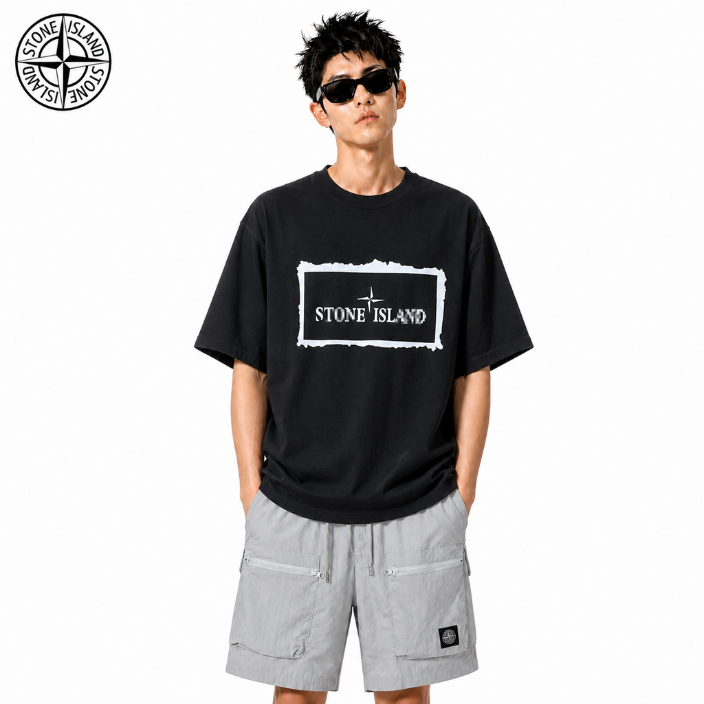 Stone Island Framed Wordmark Graphic Cotton T-Shirt on male model - front view