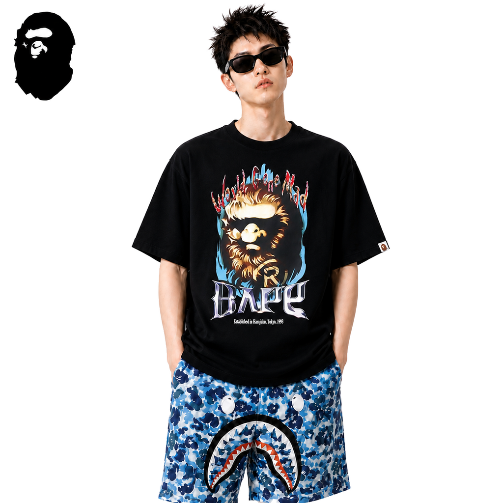 BAPE Mad Ape Flame Men's Graphic T-Shirt - Black - Black streetwear model on pure white background