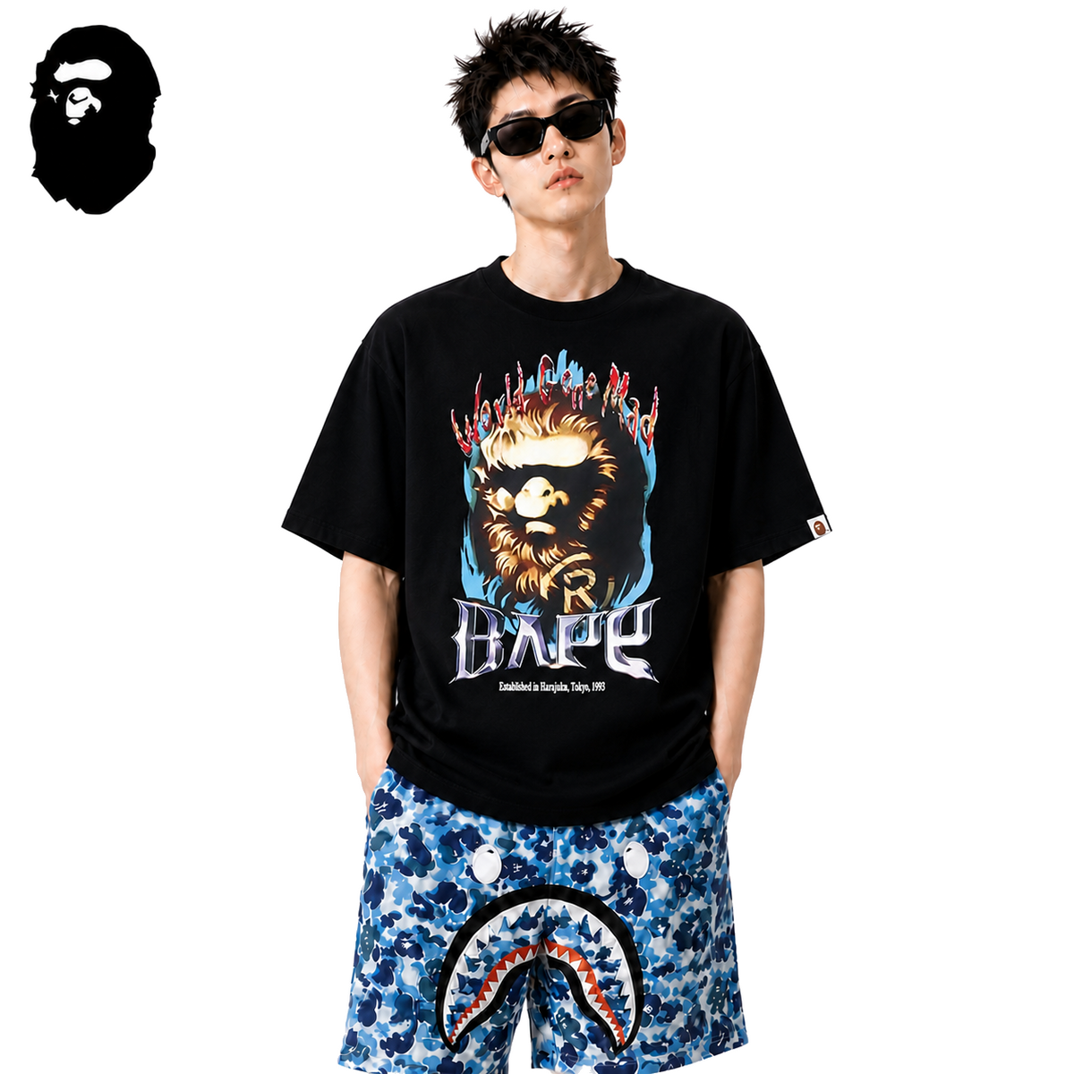 BAPE Mad Ape Flame Men's Graphic T-Shirt - Black - Black streetwear model on pure white background
