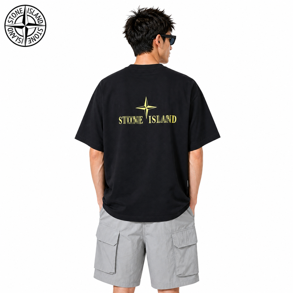 Stone Island Star Wordmark Back Graphic Cotton T-Shirt on male model - back view