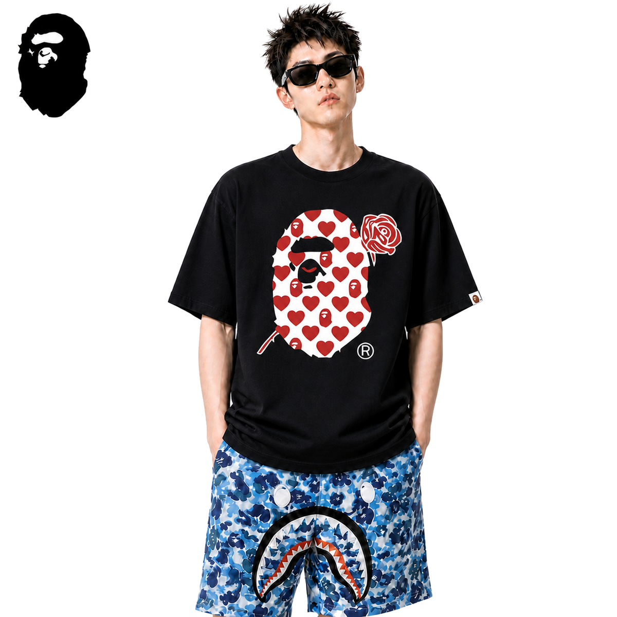 BAPE Valentine Heart Ape Head Men's T-Shirt - Black - Black streetwear model on pure white background