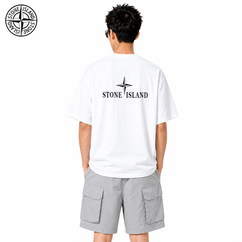 Stone Island Star Wordmark Back Print Cotton T-Shirt on male model - back view
