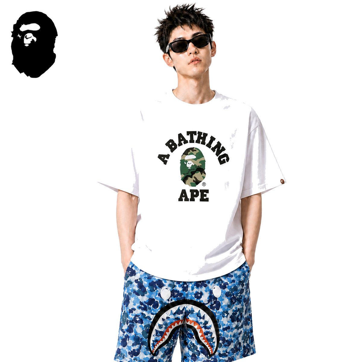 BAPE Woodland Camo College Men's T-Shirt - White - White streetwear model on pure white background