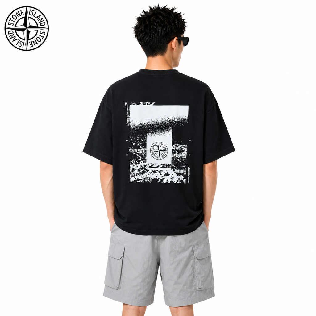 Stone Island Abstract Monochrome Back Graphic Cotton T-Shirt on male model - back view