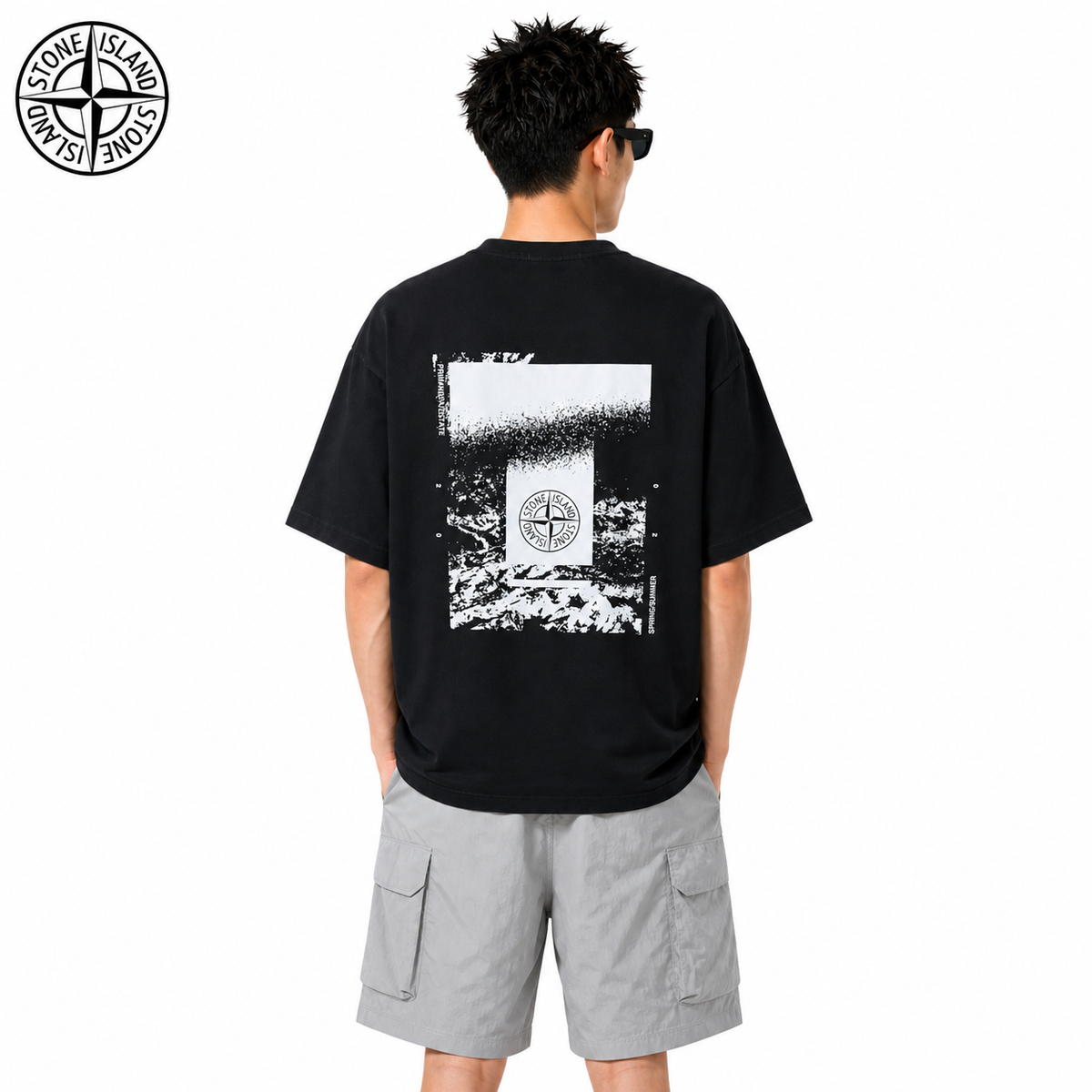 Stone Island Abstract Monochrome Back Graphic Cotton T-Shirt on male model - back view