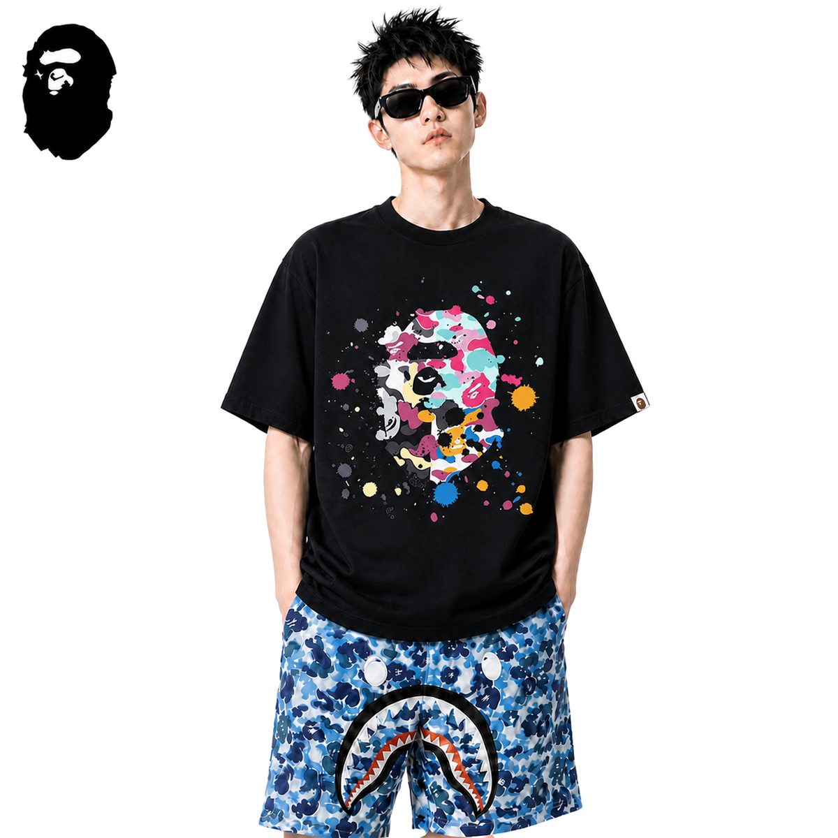 BAPE Splash Paint Ape Head Men's T-Shirt - Black - Black streetwear model on pure white background