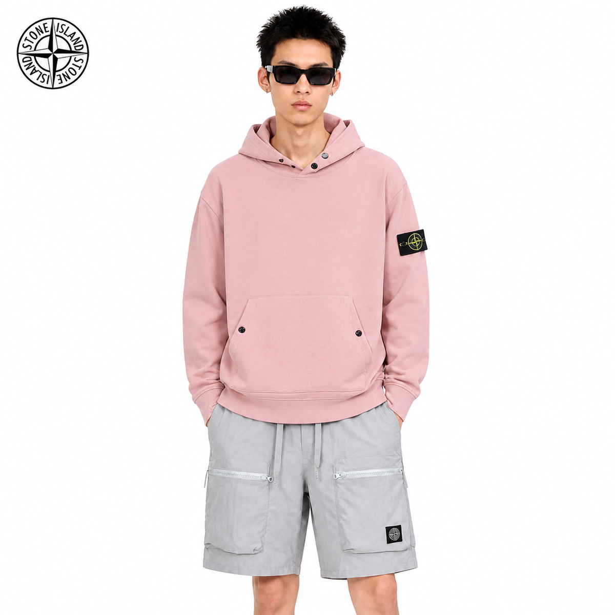 Stone Island Brushed Fleece Compass Badge Pullover Hoodie on male model - front view