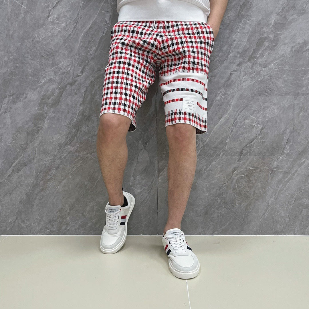 Thom Browne Style Men's Cotton Casual Shorts - Signature Four-Bar Detail Lattice Pattern - Image 2