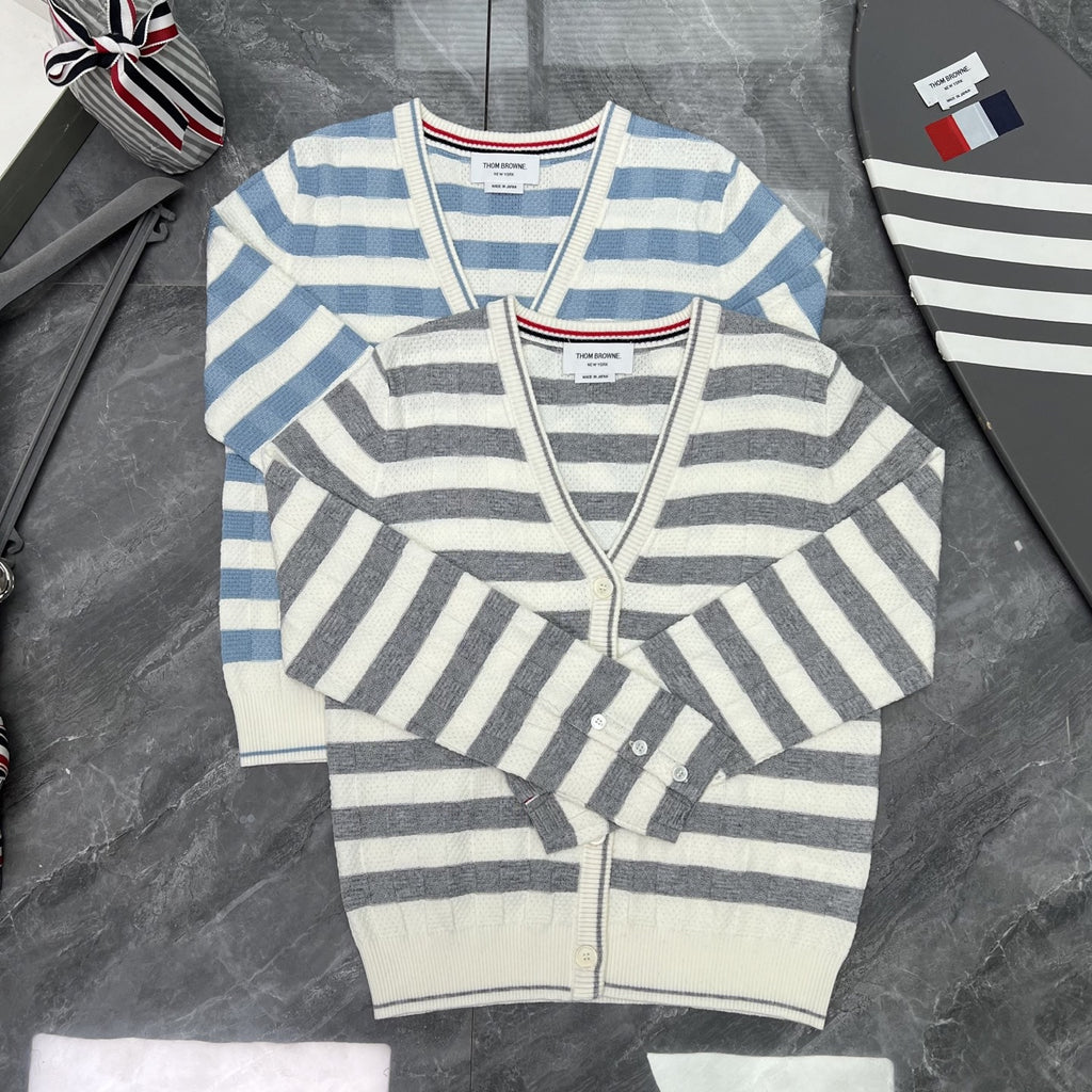 Thom Browne Style Striped V-Neck Button Cardigan
