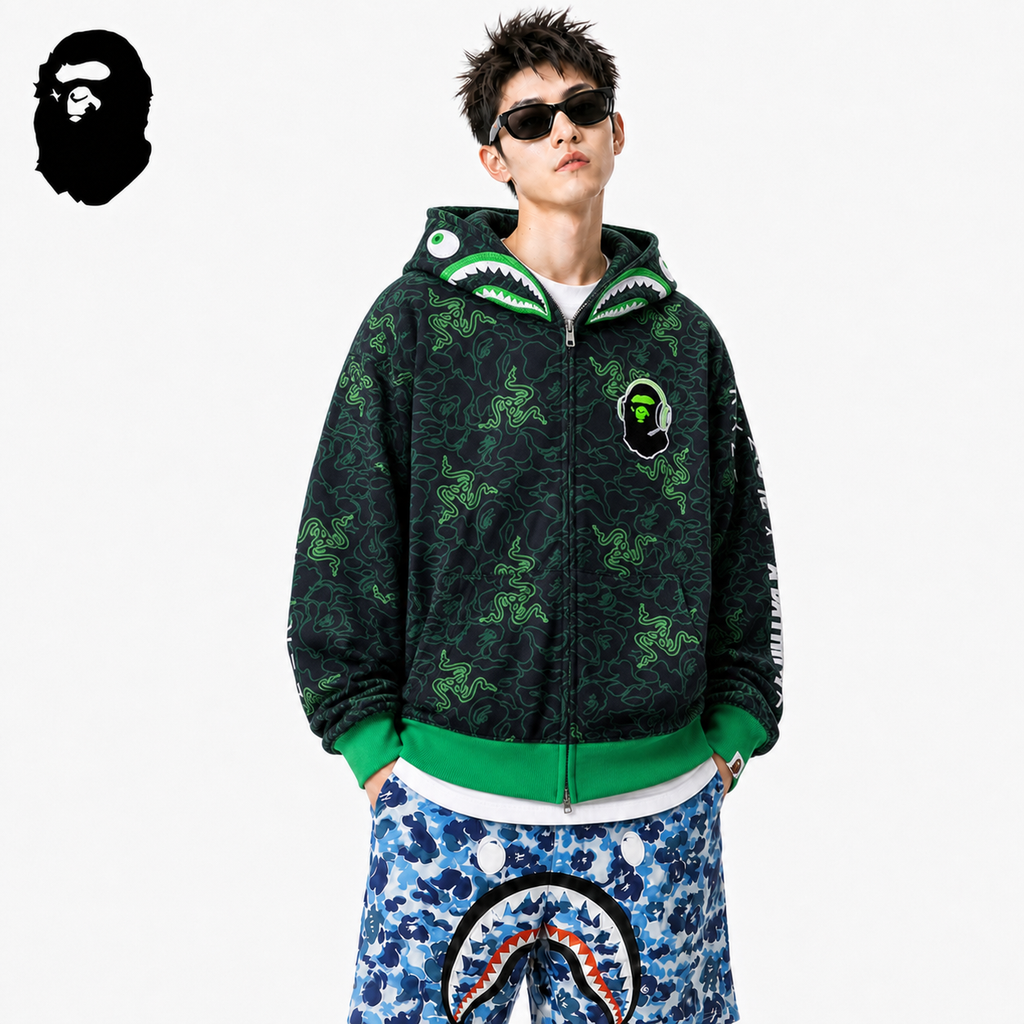 BAPE Green Shark Ape Head Zip Hoodie styled on a male model