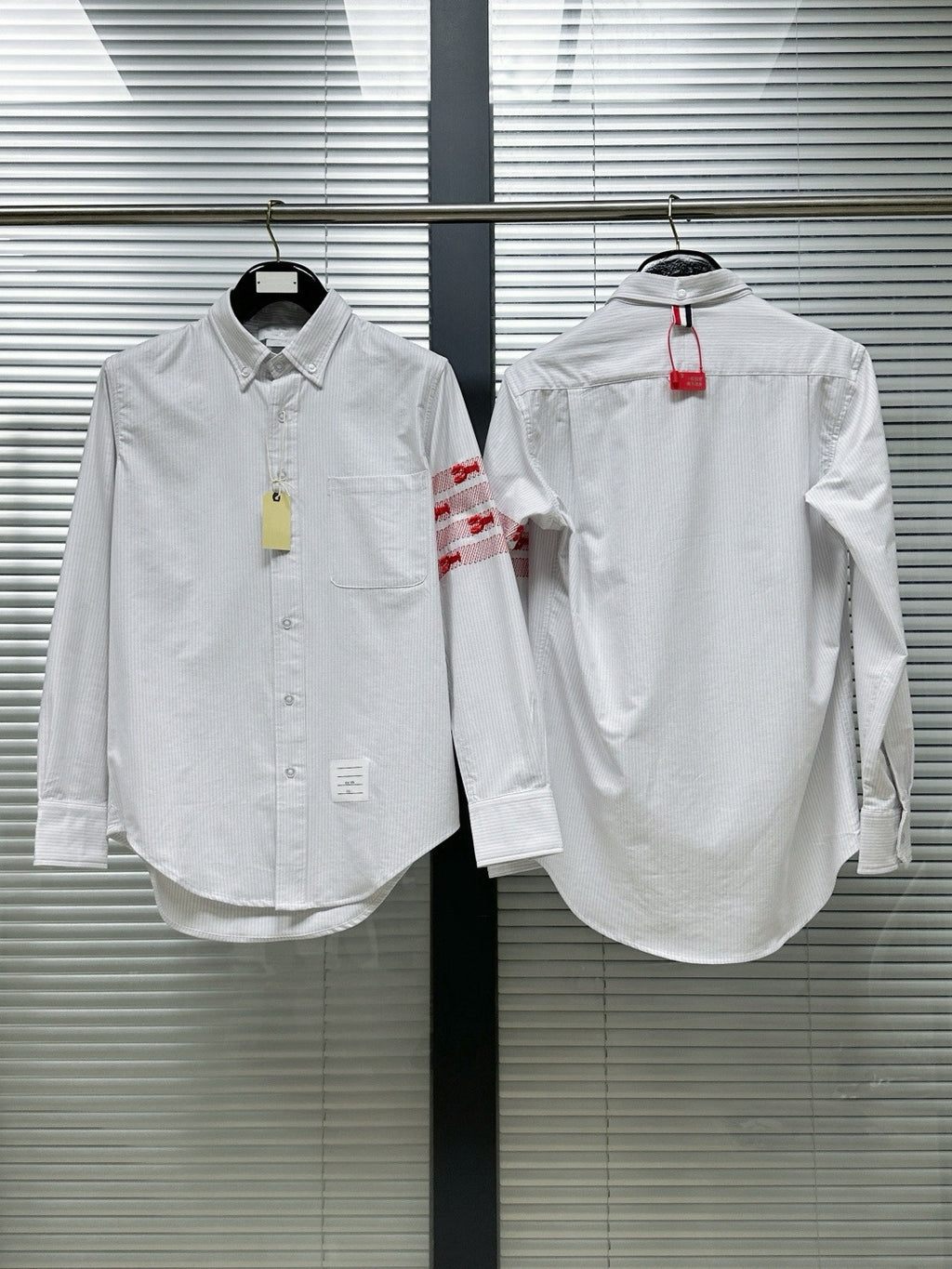 Thom Browne Men's Fine-Stripe Shirt with Lobster Four-Bar Embroidery