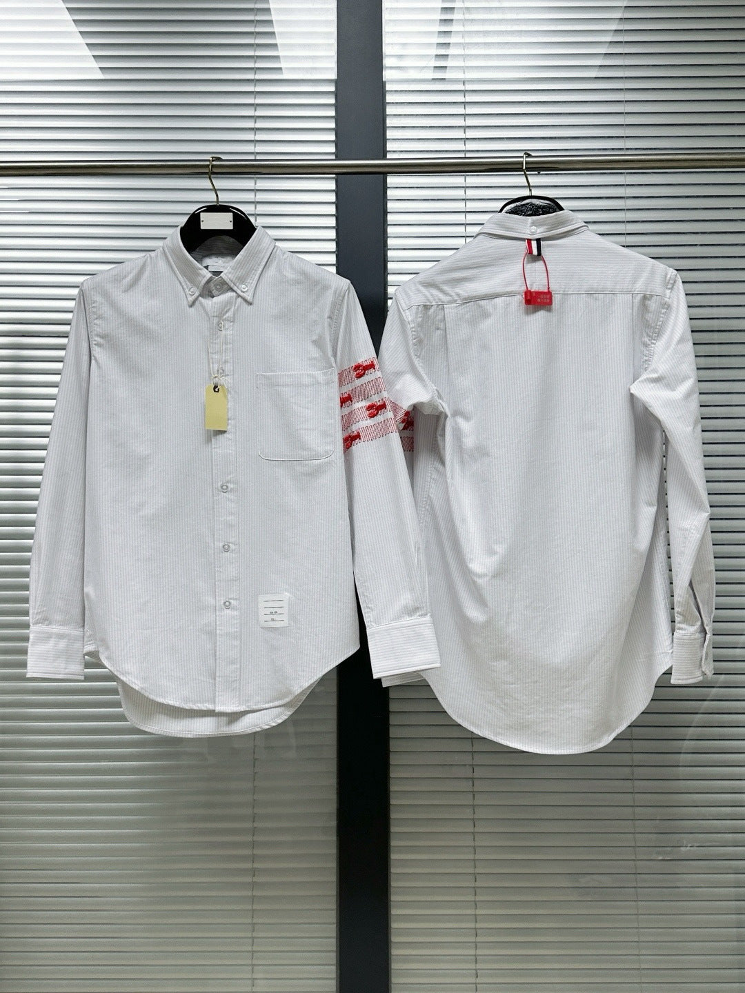Thom Browne Men's Fine-Stripe Shirt with Lobster Four-Bar Embroidery