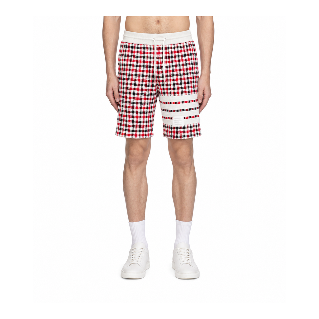 Thom Browne Style Men's Cotton Casual Shorts - Signature Four-Bar Detail Lattice Pattern - Main Image
