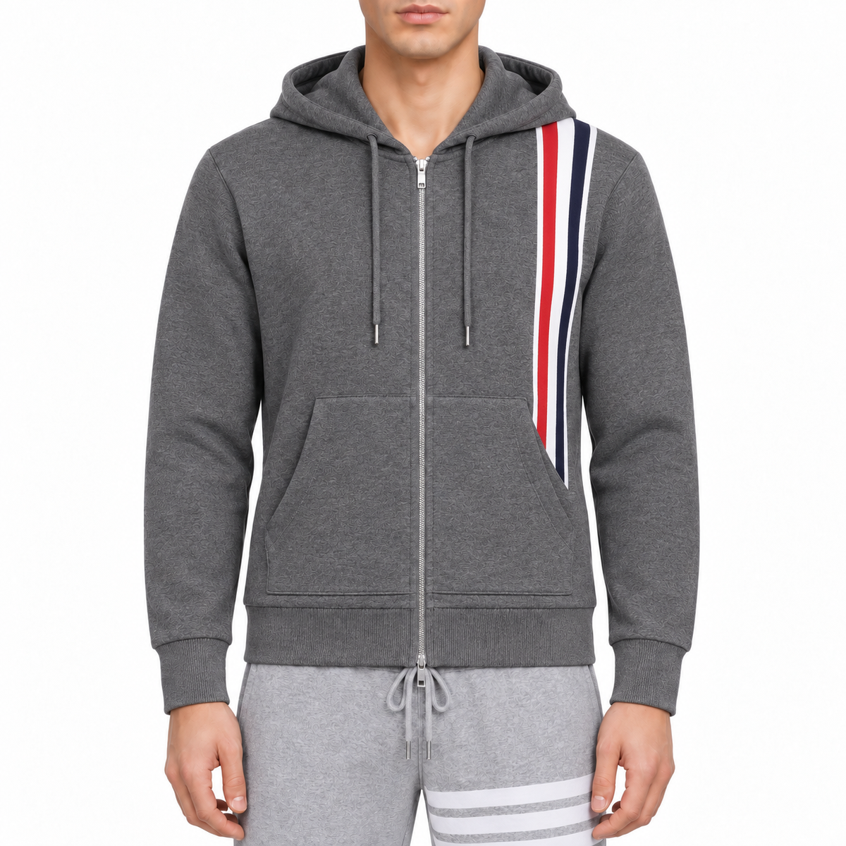 Men's Classic Four-Bar Knitwear - 100% Cotton Made in Japan by Thom Browne, modeled on a pure white background
