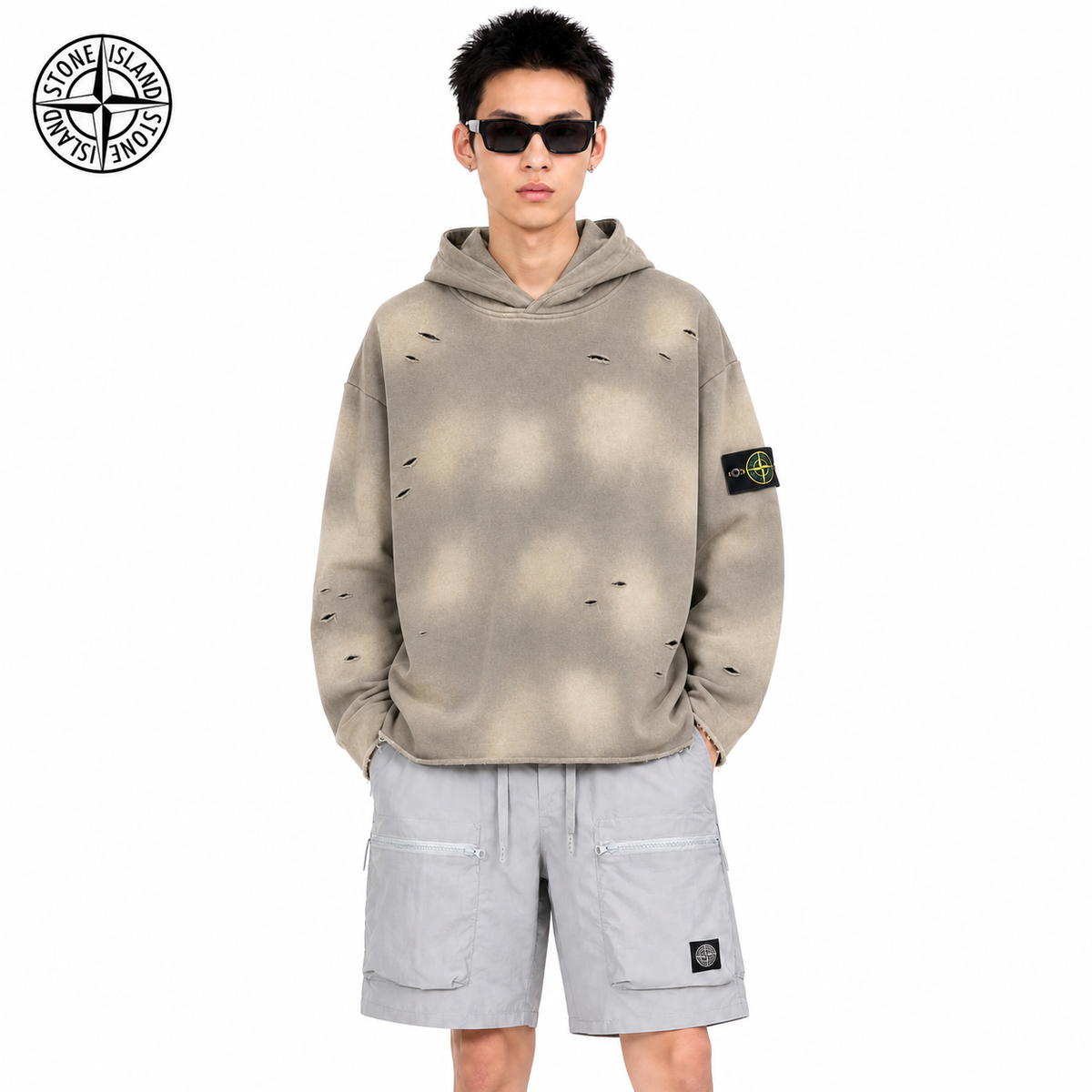 Stone Island 650 GSM Tie-Dye Distressed Pullover Hoodie on male model - front view