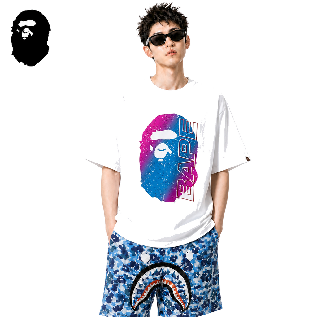 BAPE Electro Neon Ape Head Men's T-Shirt - White - White streetwear model on pure white background