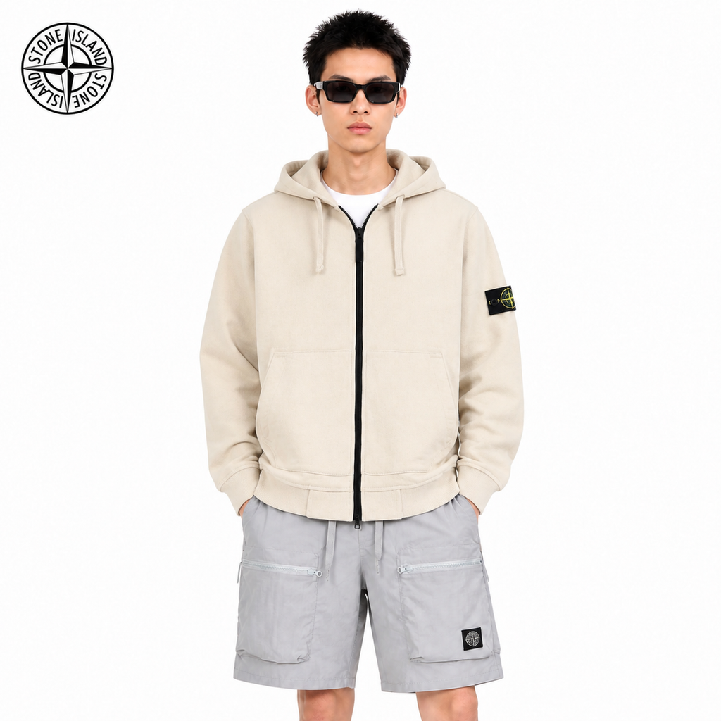 Stone Island Compass Badge-Cuff Full-Zip Hoodie on male model - front view