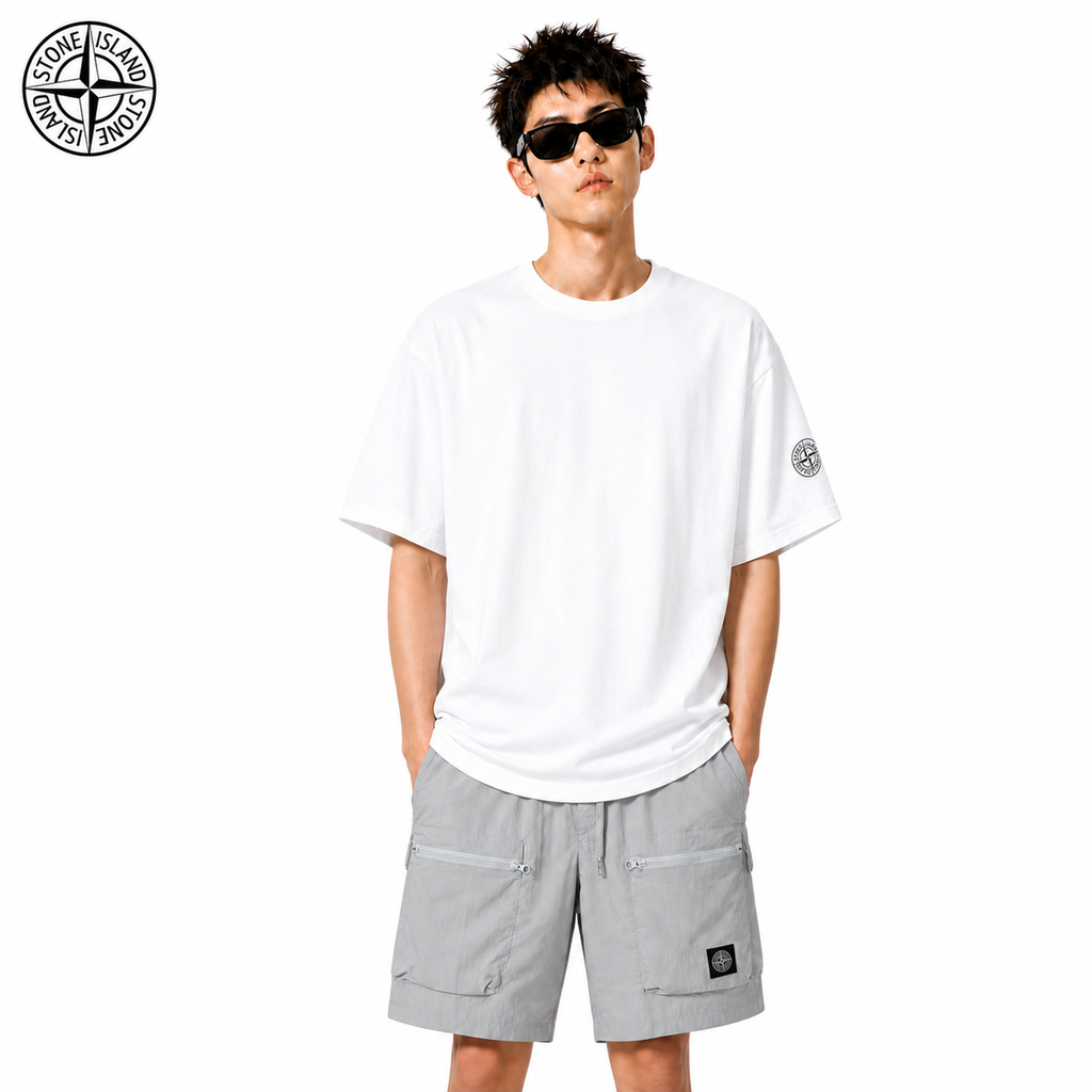 Stone Island Sleeve Compass Patch Cotton T-Shirt on male model - front view