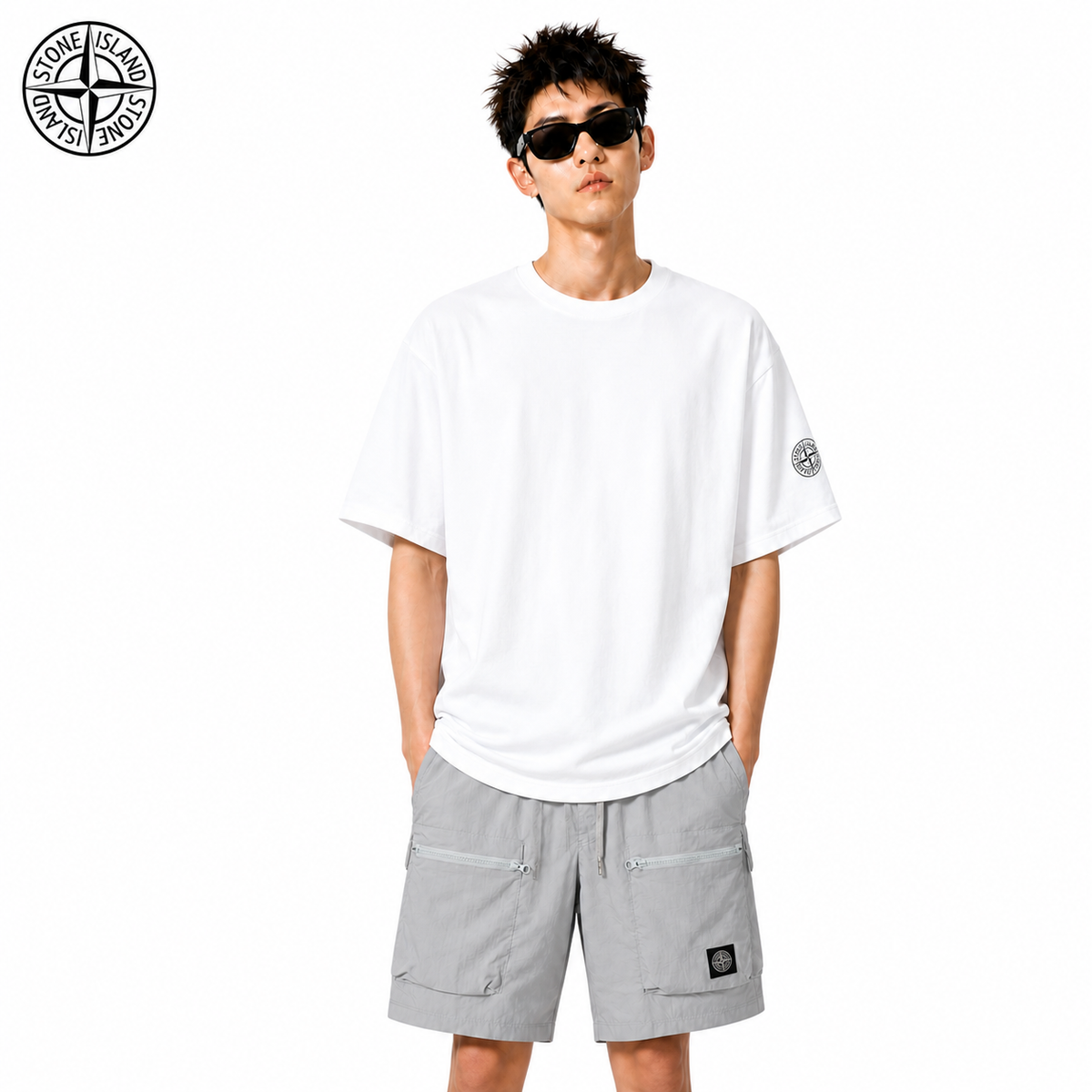 Stone Island Sleeve Compass Patch Cotton T-Shirt on male model - front view