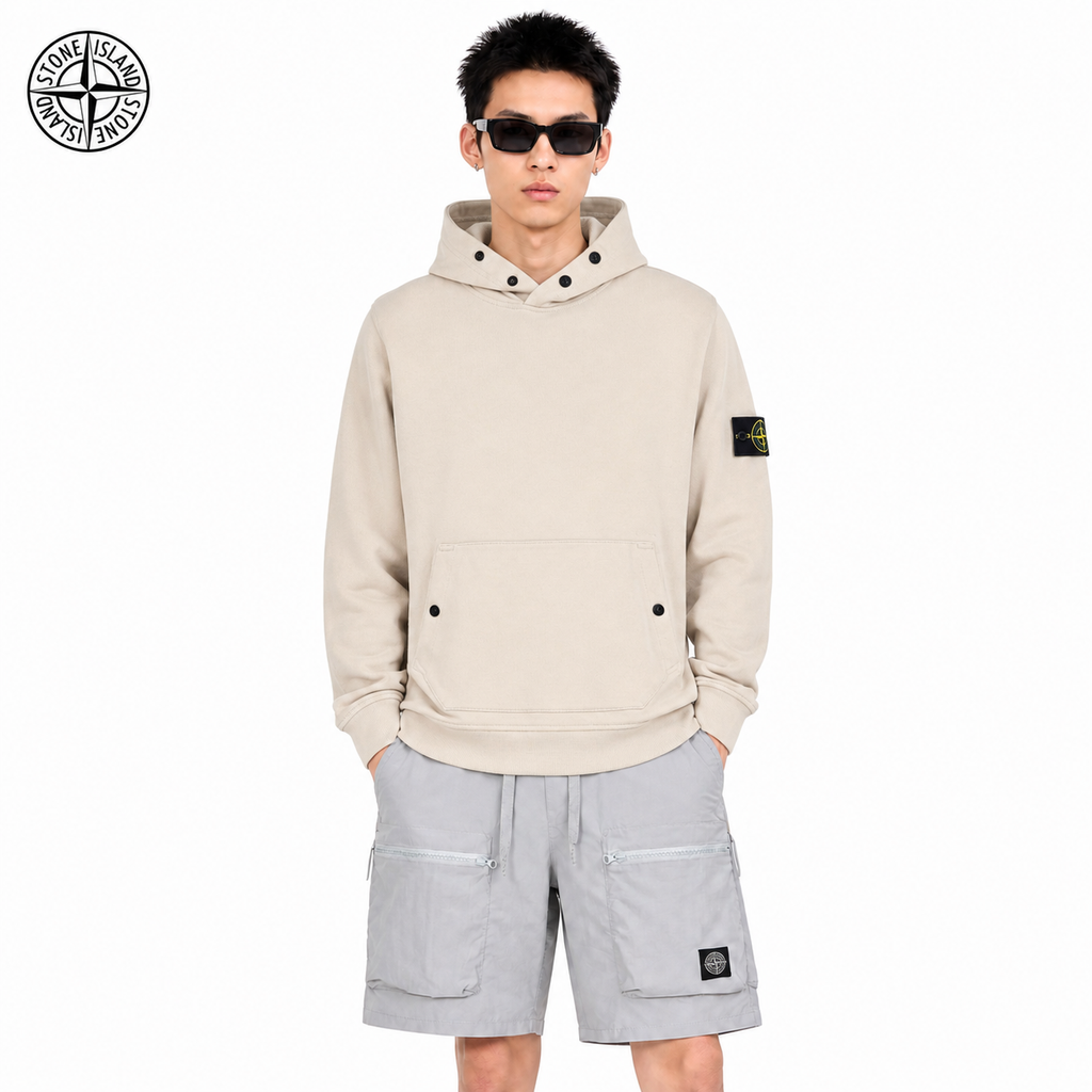 Stone Island Compass Badge-Cuff Pullover Hoodie on male model - front view