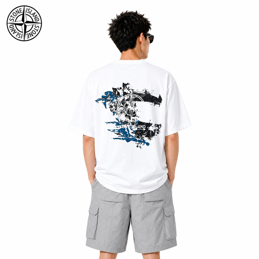 Stone Island Painterly Compass Back Graphic Cotton T-Shirt on male model - back view