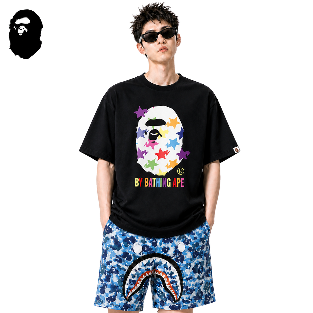 BAPE STA Star Ape Head Men's Graphic T-Shirt - Black - Black streetwear model on pure white background