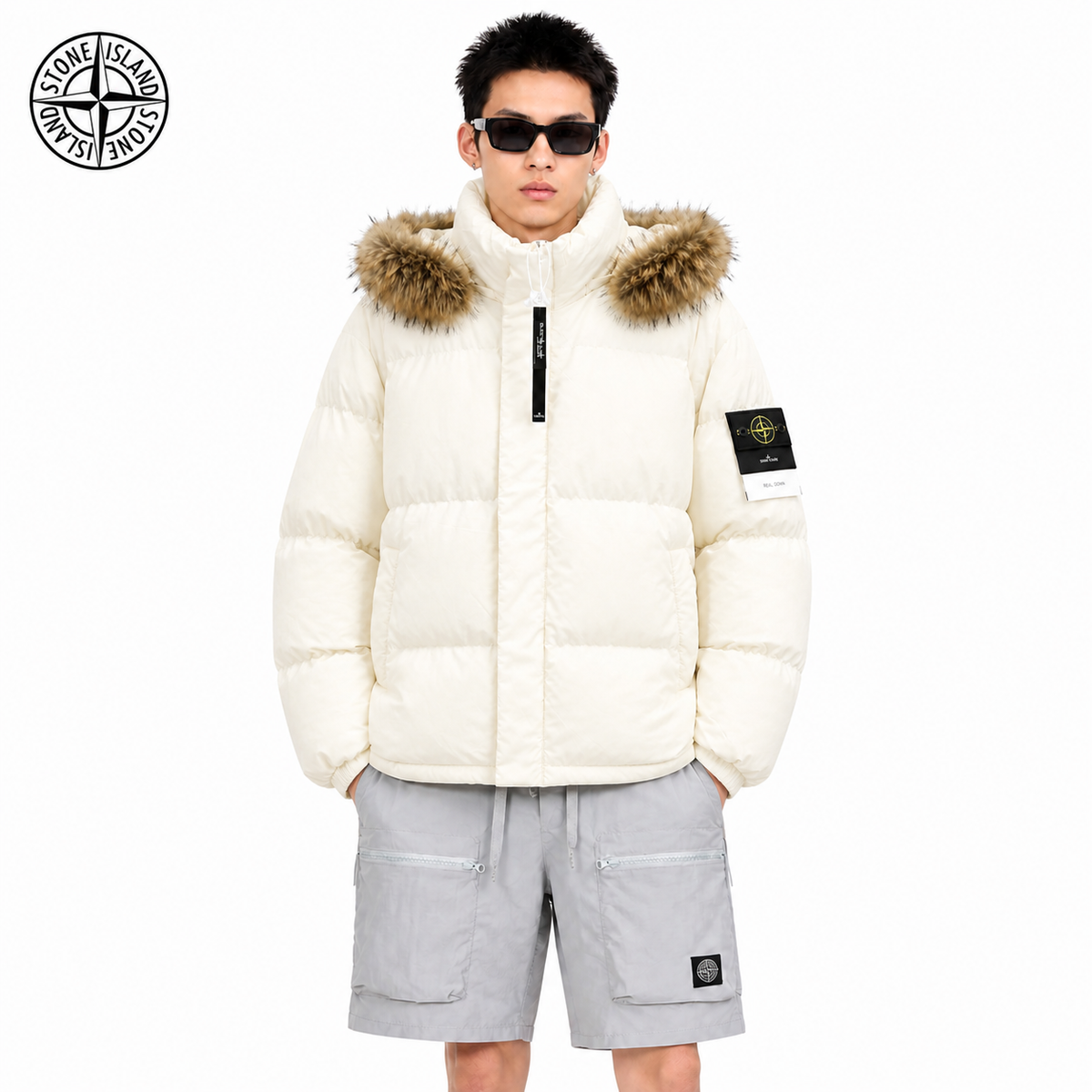 Stone Island Fur-Trim Hooded Padded Jacket on male model - front view