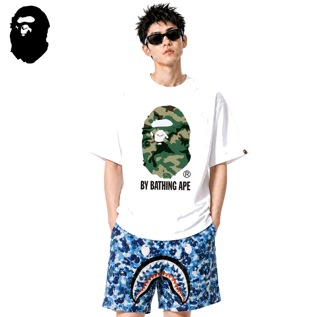 BAPE Woodland Camo Ape Head Men's T-Shirt - White - White streetwear model on pure white background