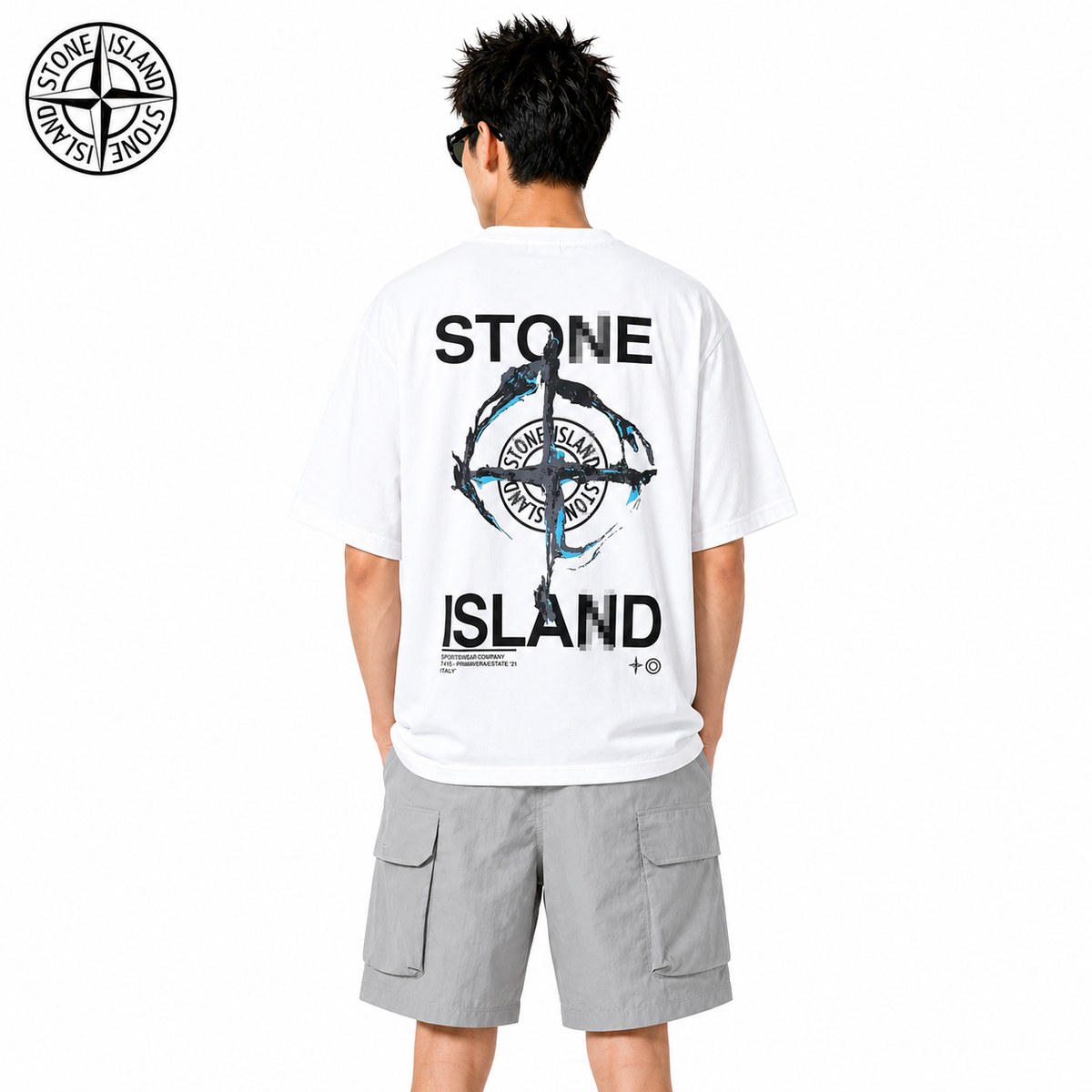 Stone Island Brushstroke Compass Back Graphic Cotton T-Shirt on male model - back view
