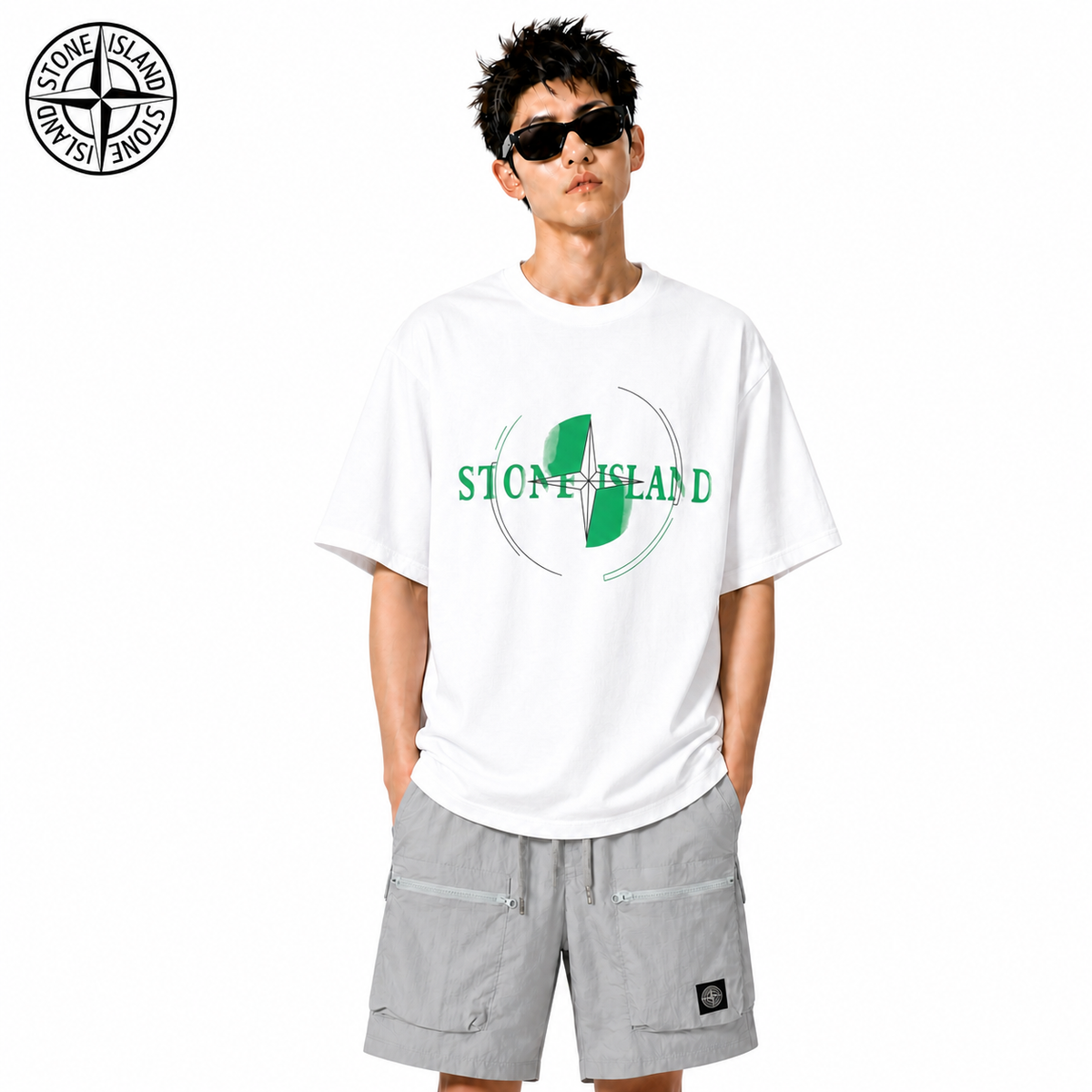 Stone Island Green Orbital Wordmark Cotton T-Shirt on male model - front view