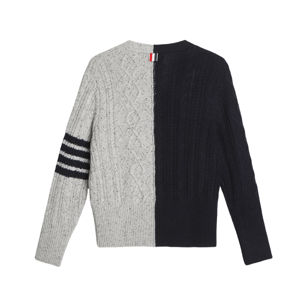 Cable knit cardigan by Thom Browne, knitwear detail view