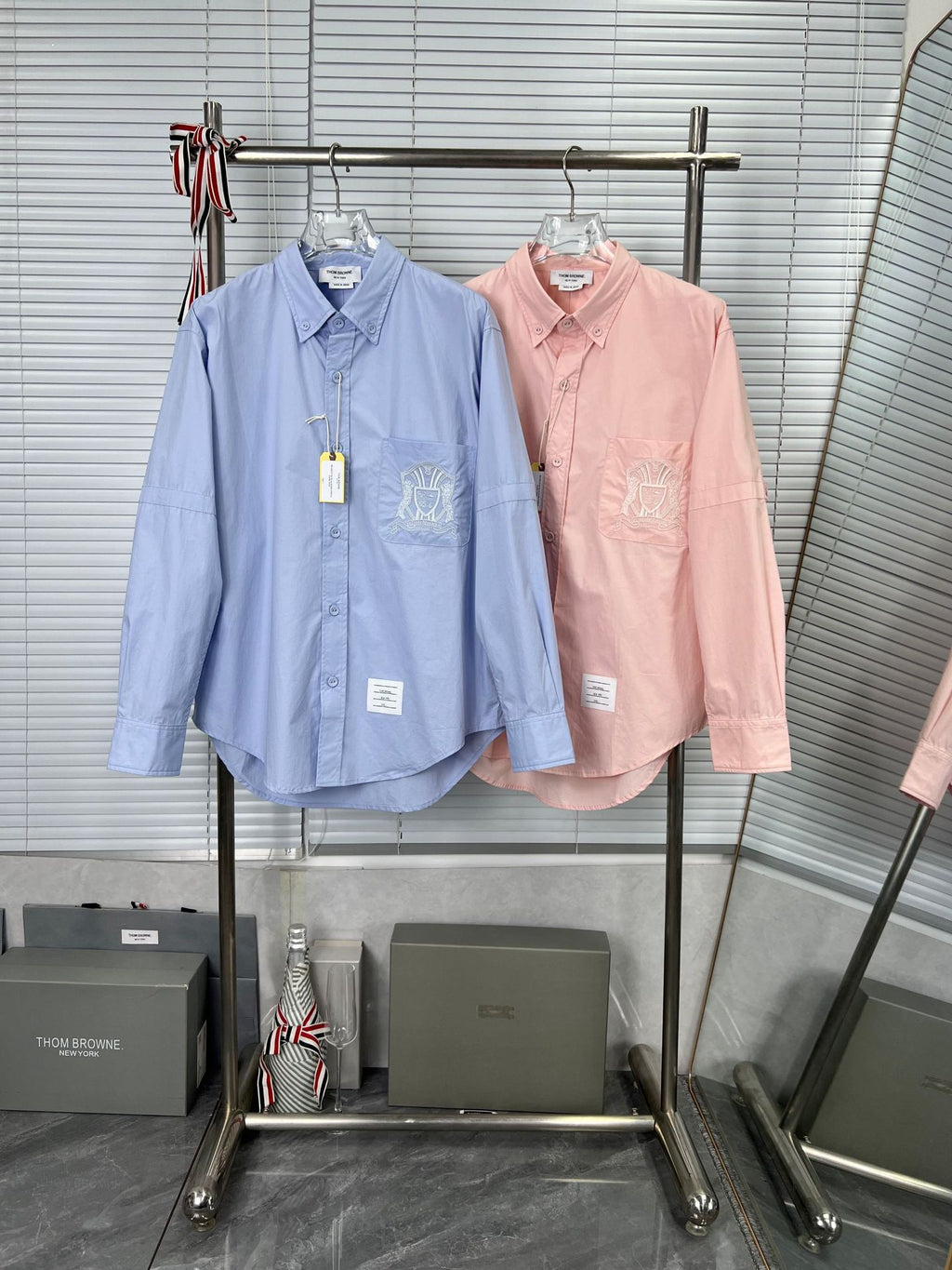 Pocket Crest Embroidered Oversized Poplin Shirt - Long Sleeve by Thom Browne, shirt detail view