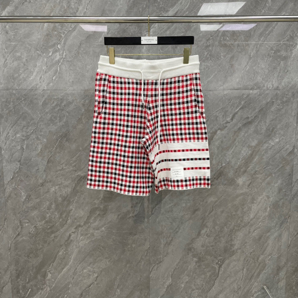 Thom Browne Style Men's Cotton Casual Shorts - Signature Four-Bar Detail Lattice Pattern - Image 3