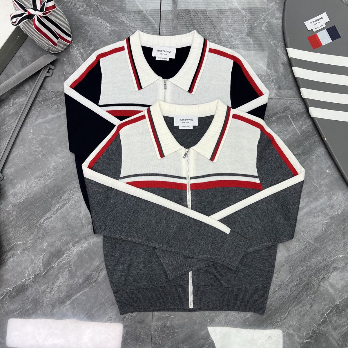 Thom Browne Style Contrast-Stripe Zip-Up Knit Jacket